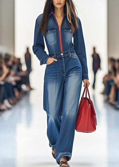 Handmade Blue Zip Up Pockets Patchwork Denim Jumpsuit Spring