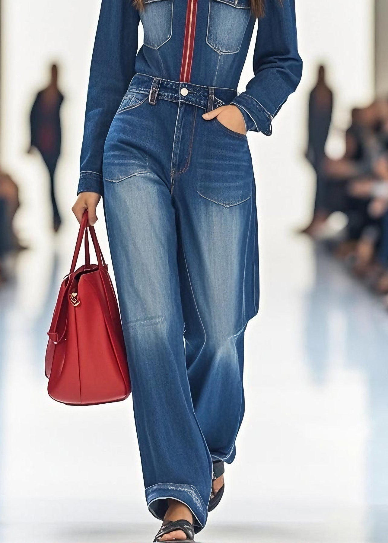 Handmade Blue Zip Up Pockets Patchwork Denim Jumpsuit Spring