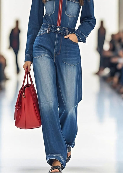 Handmade Blue Zip Up Pockets Patchwork Denim Jumpsuit Spring