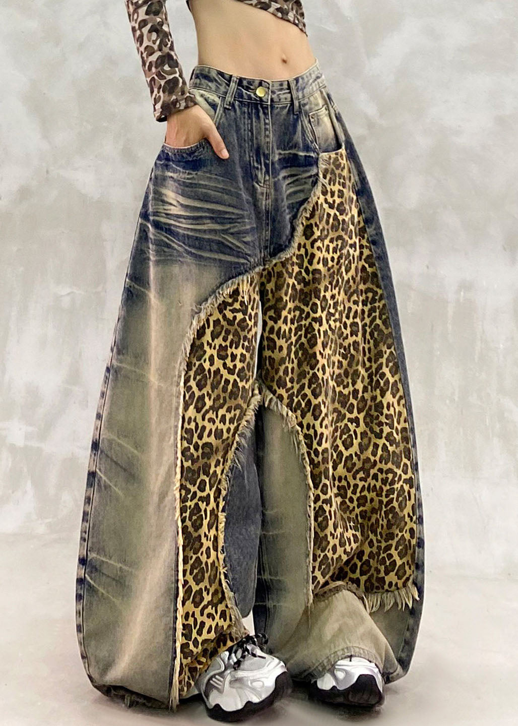 Handmade Blue Zippered Pockets Draping Wide Leg Jeans