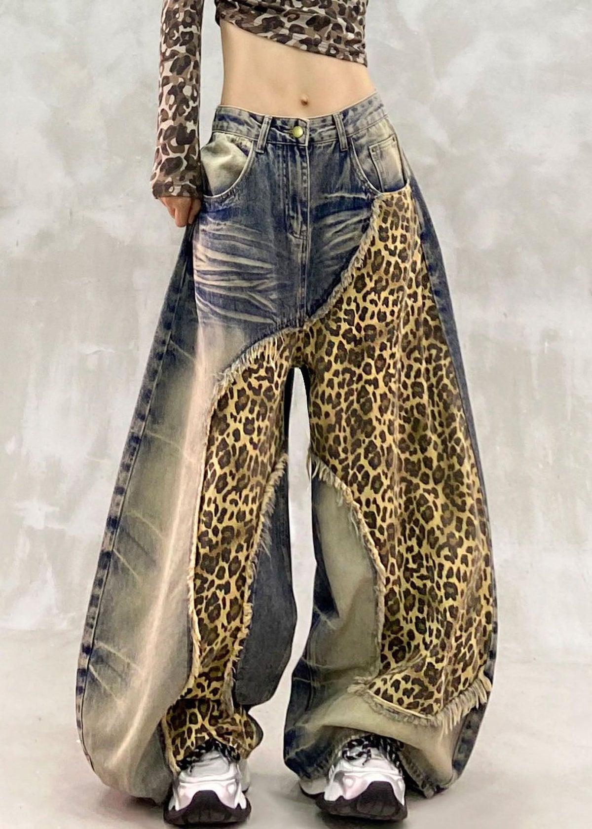 Handmade Blue Zippered Pockets Draping Wide Leg Jeans
