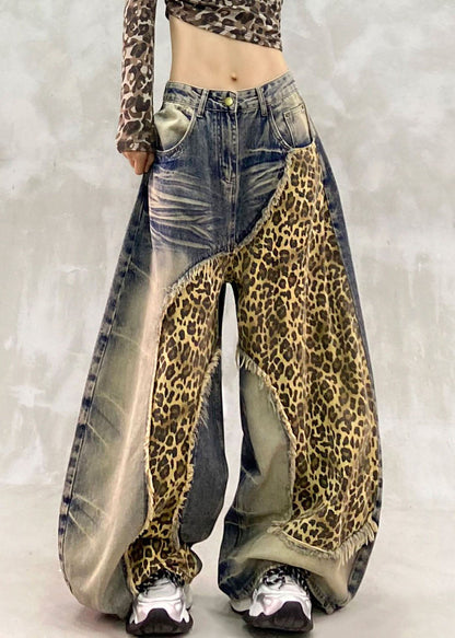 Handmade Blue Zippered Pockets Draping Wide Leg Jeans
