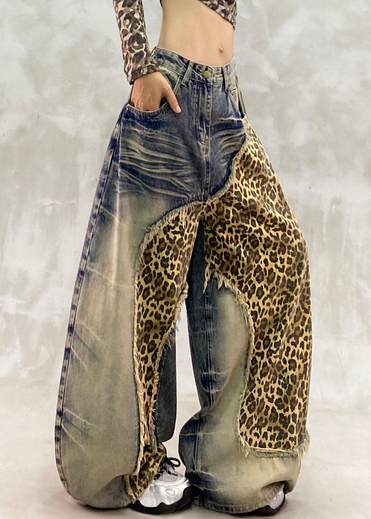 Handmade Blue Zippered Pockets Draping Wide Leg Jeans