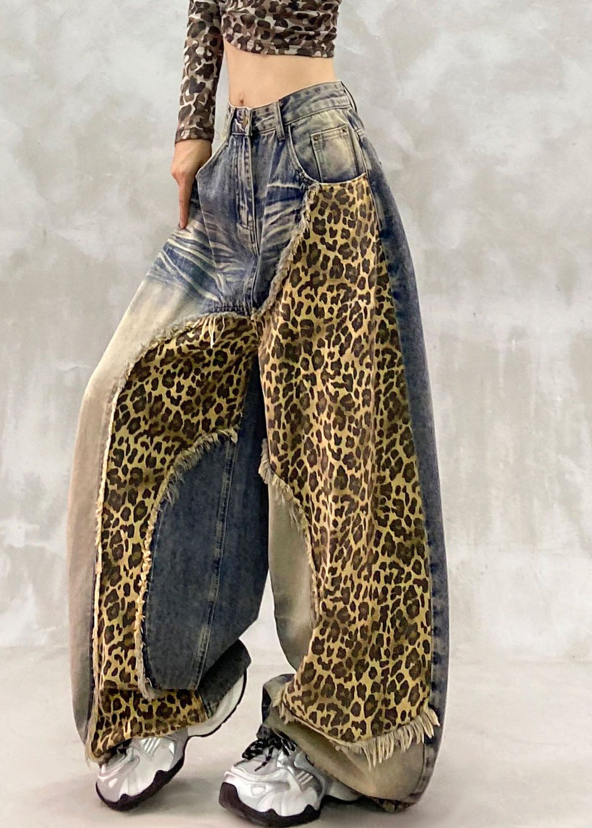 Handmade Blue Zippered Pockets Draping Wide Leg Jeans