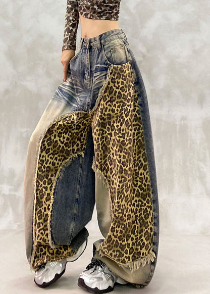 Handmade Blue Zippered Pockets Draping Wide Leg Jeans