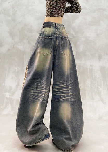 Handmade Blue Zippered Pockets Draping Wide Leg Jeans