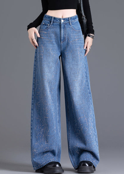 Handmade Blue Zircon Pockets High Waist Denim Wide Leg Pants Spring