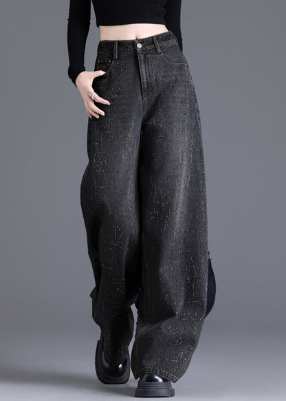 Handmade Blue Zircon Pockets High Waist Denim Wide Leg Pants Spring