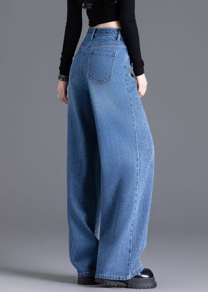 Handmade Blue Zircon Pockets High Waist Denim Wide Leg Pants Spring