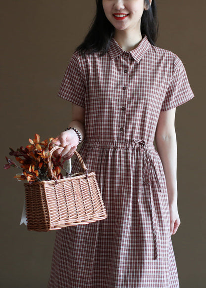 Handmade Brick Red Plaid Drawstring Peter Pan Collar Cotton Vacation Dresses Short Sleeve