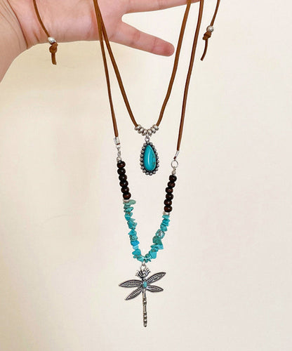 Handmade Brown Alloy Turquoise Dragonfly Beading Double-Layer Sweater Pendant Necklace
