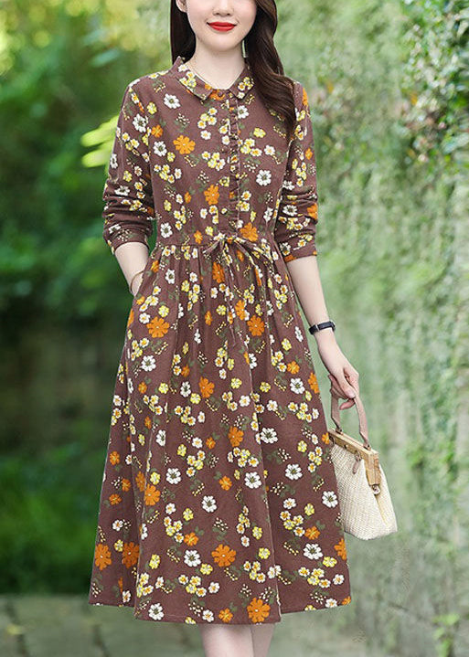 Handmade Brown Cinched Floral Cotton Vacation Dresses Spring