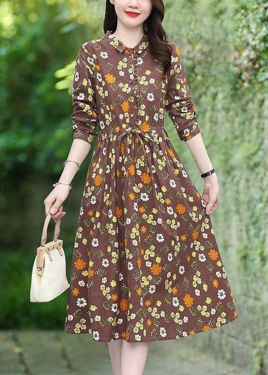 Handmade Brown Cinched Floral Cotton Vacation Dresses Spring