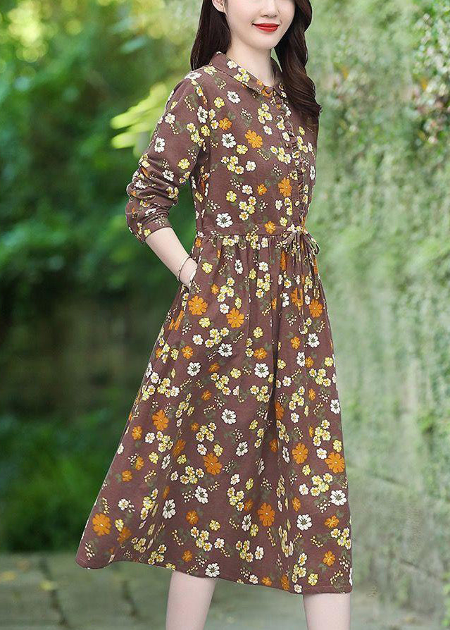 Handmade Brown Cinched Floral Cotton Vacation Dresses Spring