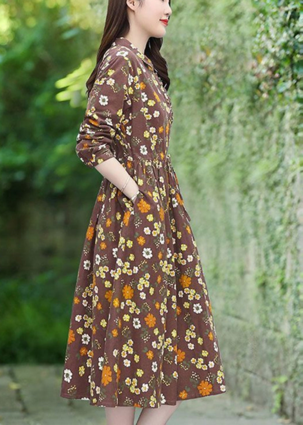 Handmade Brown Cinched Floral Cotton Vacation Dresses Spring