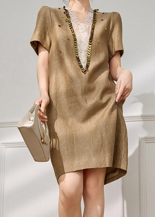 Handmade Brown Lace Patchwork Mid Dress Summer