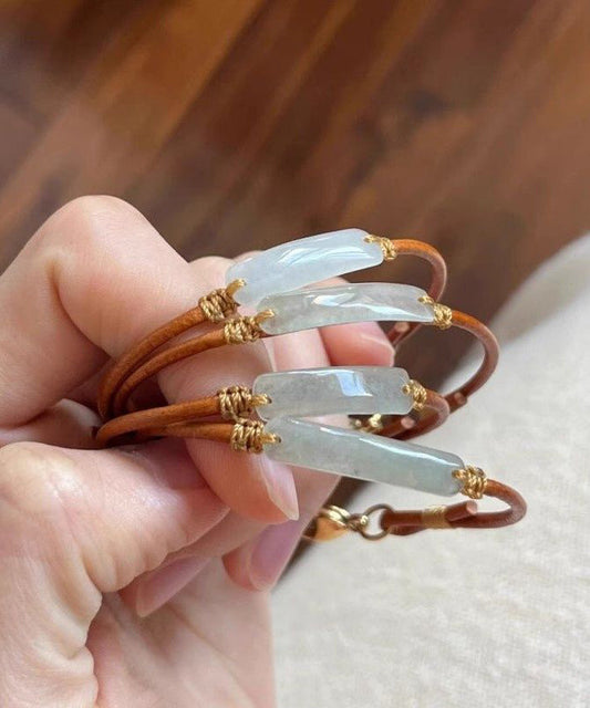 Handmade Brown Leather Patchwor Jade Adjustable Bangle