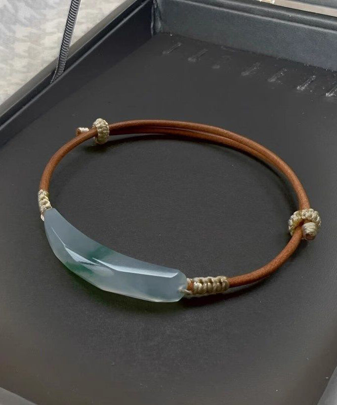 Handmade Brown Leather Patchwor Jade Adjustable Bangle