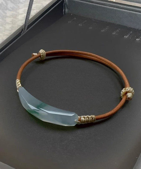 Handmade Brown Leather Patchwor Jade Adjustable Bangle
