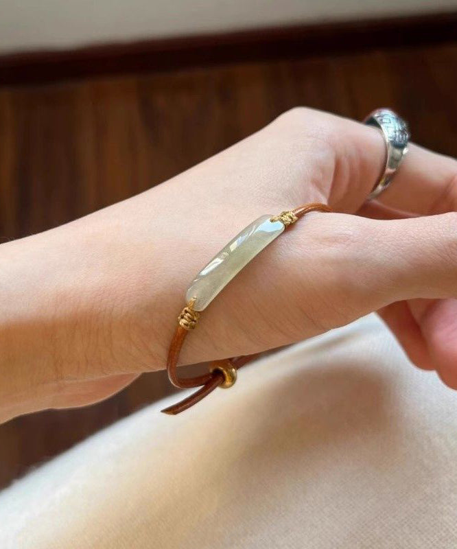 Handmade Brown Leather Patchwor Jade Adjustable Bangle