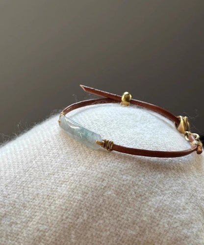 Handmade Brown Leather Patchwor Jade Adjustable Bangle