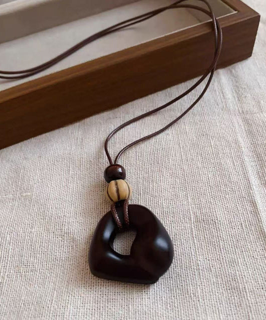 Handmade Brown Leather Patchwork Wooden Hollow Out Pendant Necklace