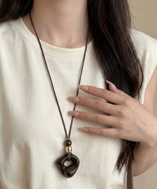 Handmade Brown Leather Patchwork Wooden Hollow Out Pendant Necklace