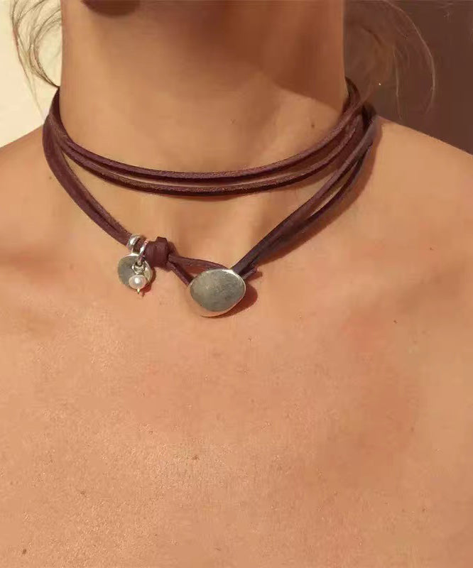 Handmade Brown Leather Strap Alloy Turquoise Multi-Layer Necklace