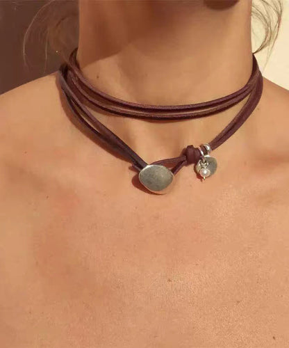 Handmade Brown Leather Strap Alloy Turquoise Multi-Layer Necklace