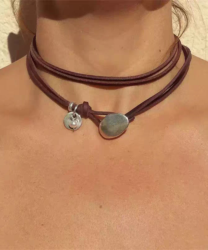 Handmade Brown Leather Strap Alloy Turquoise Multi-Layer Necklace