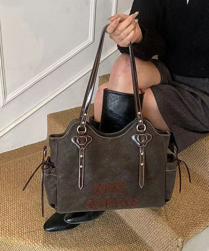 Handmade Brown Letter Embroidered Faux Leather Shoulder Bags