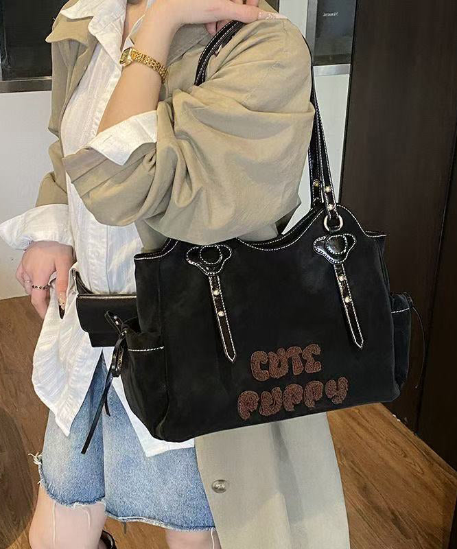 Handmade Brown Letter Embroidered Faux Leather Shoulder Bags