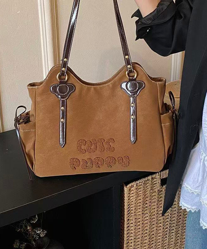 Handmade Brown Letter Embroidered Faux Leather Shoulder Bags