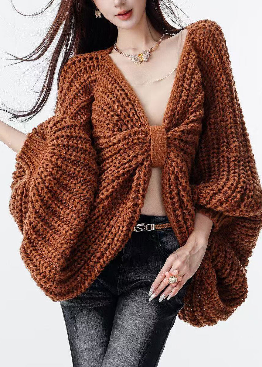 Handmade Brown Oversized Bow Knit Cardigans Fall
