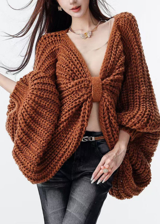 Handmade Brown Oversized Bow Knit Cardigans Fall