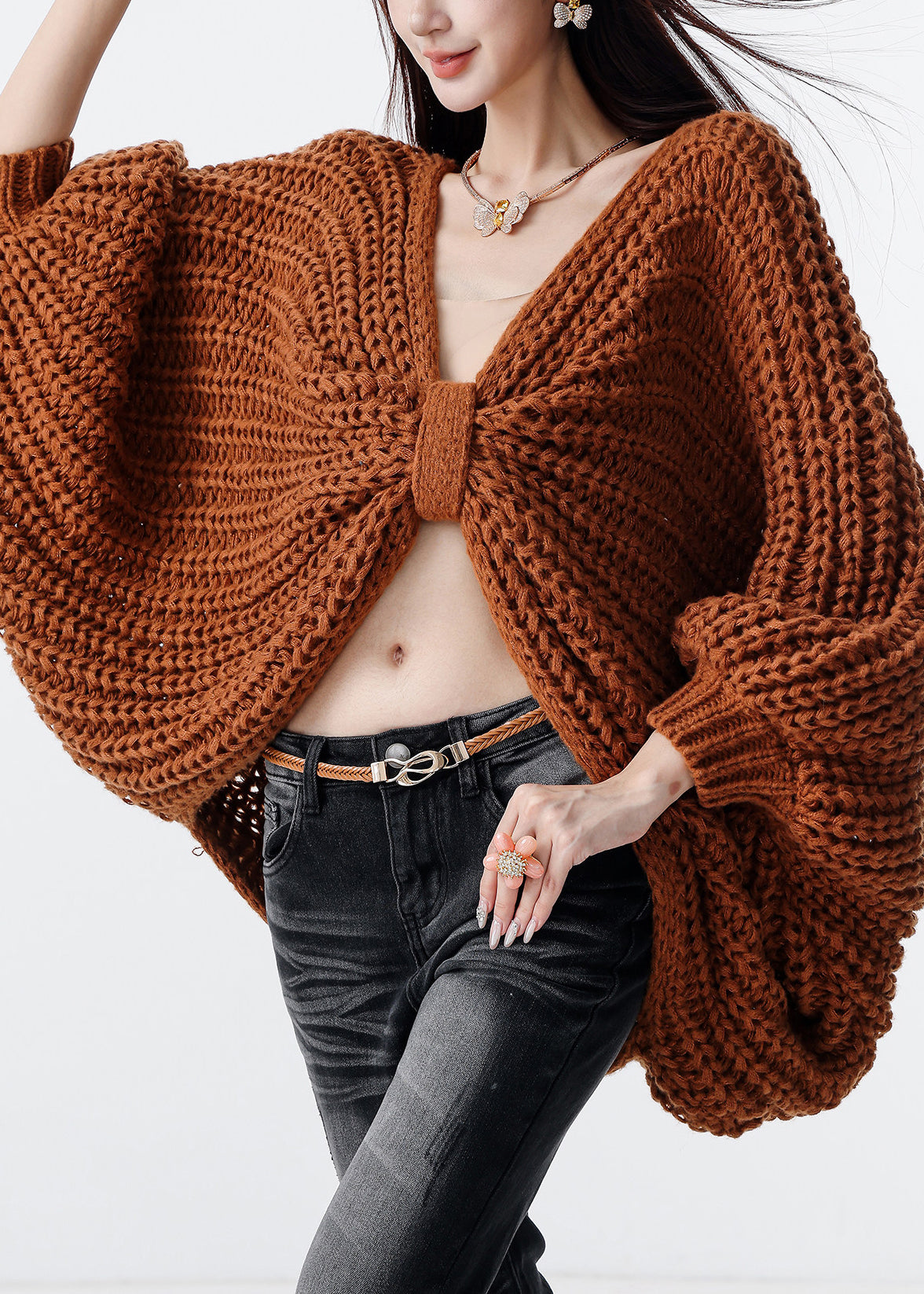 Handmade Brown Oversized Bow Knit Cardigans Fall