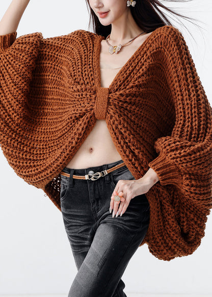 Handmade Brown Oversized Bow Knit Cardigans Fall