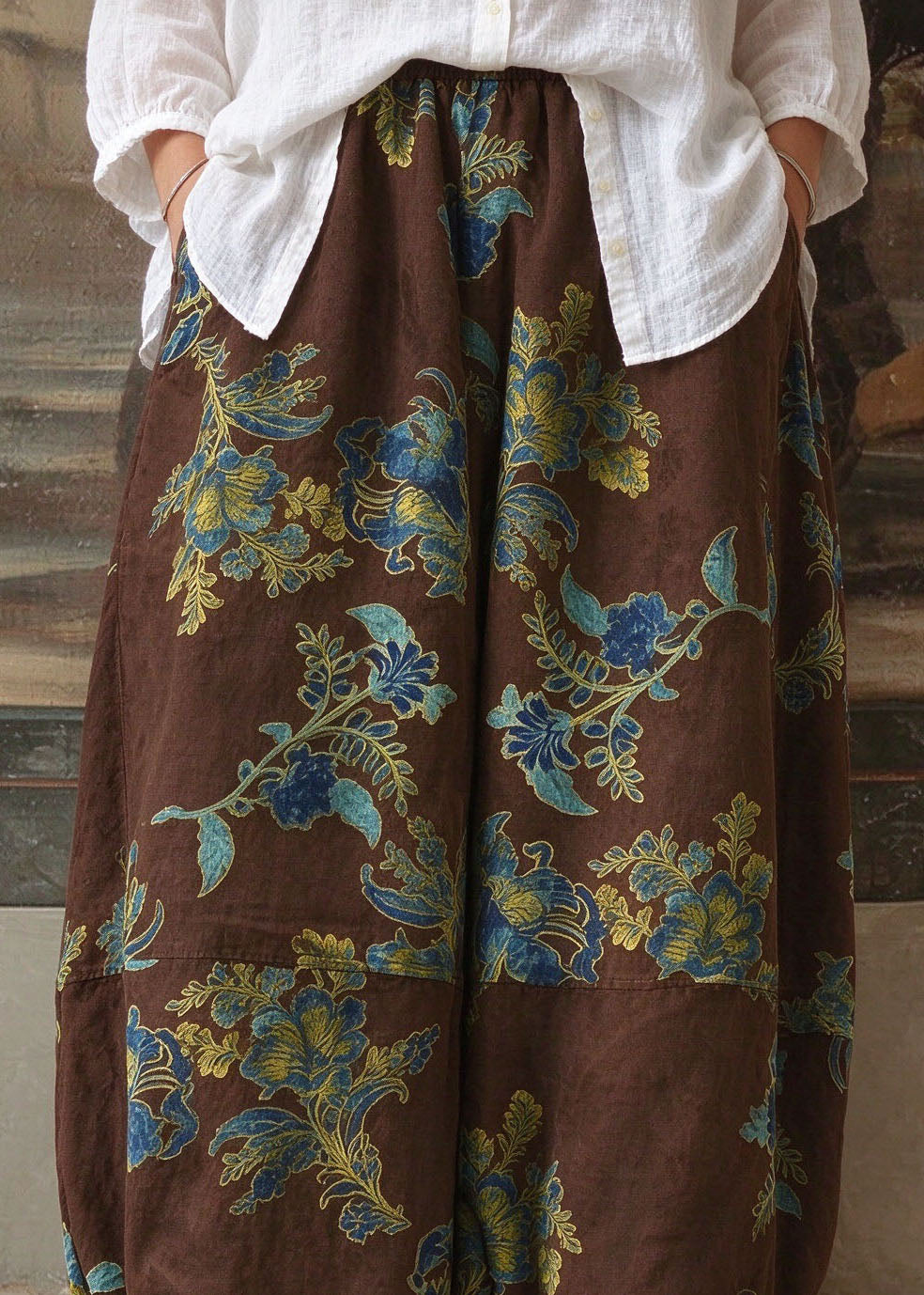 Handmade Brown Patchwork Warm Fleece Lantern Pants Winter