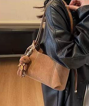Handmade Brown Solid Durable Pendant Decorated Faux Leather Shoulder Bags