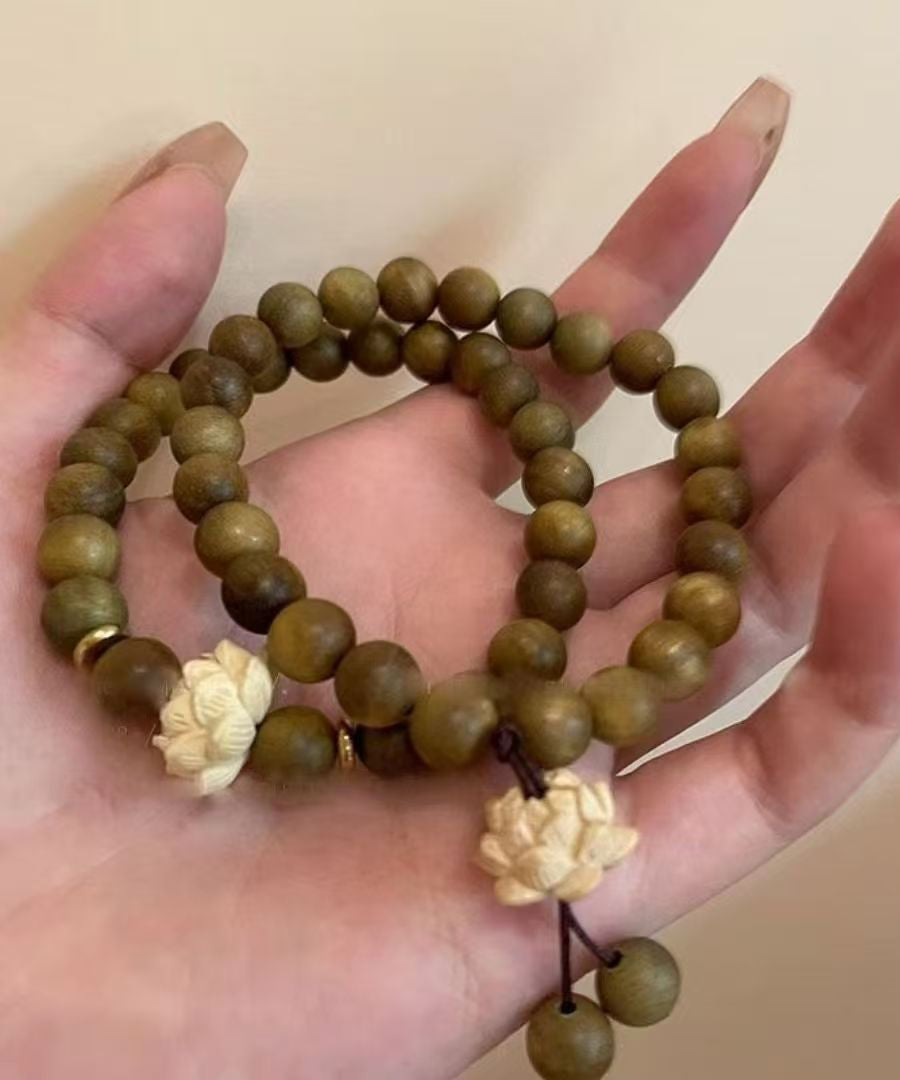 Handmade Brown Weaving Sandalwood Lotus Beading Two-Piece Set Charm Bracelet