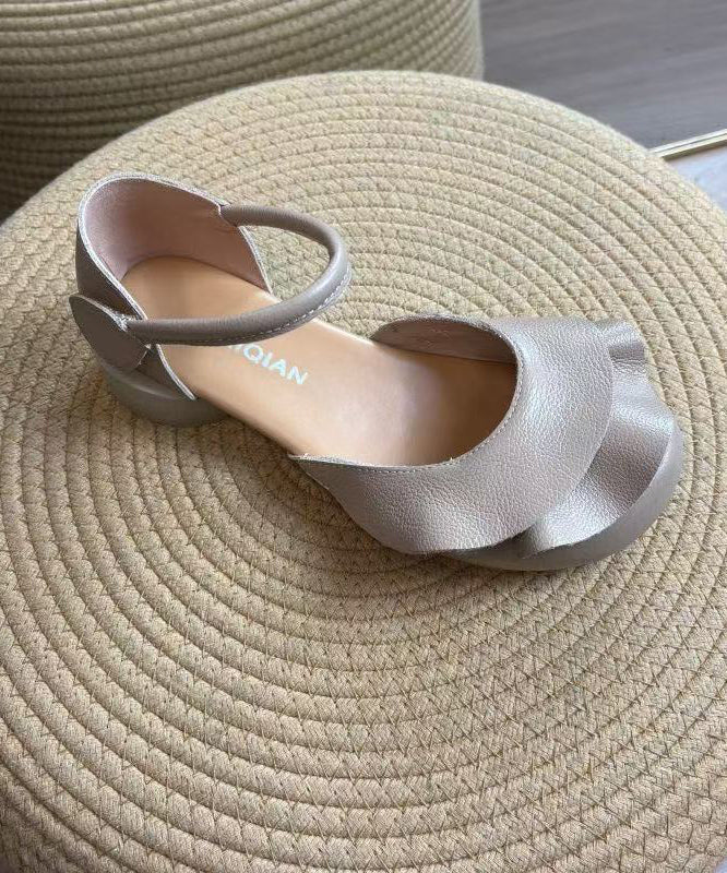 Handmade Buckle Strap Splicing Chunky Sandals Apricot Cowhide Leather