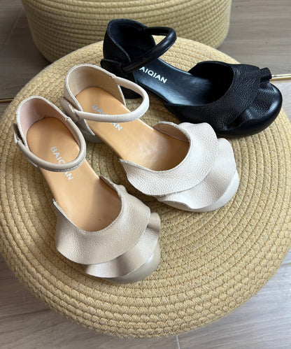 Handmade Buckle Strap Splicing Chunky Sandals Apricot Cowhide Leather