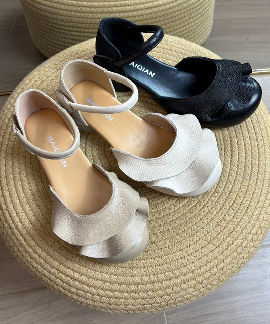 Handmade Buckle Strap Splicing Chunky Sandals Apricot Cowhide Leather