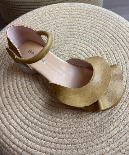 Handmade Buckle Strap Splicing Chunky Sandals Apricot Cowhide Leather