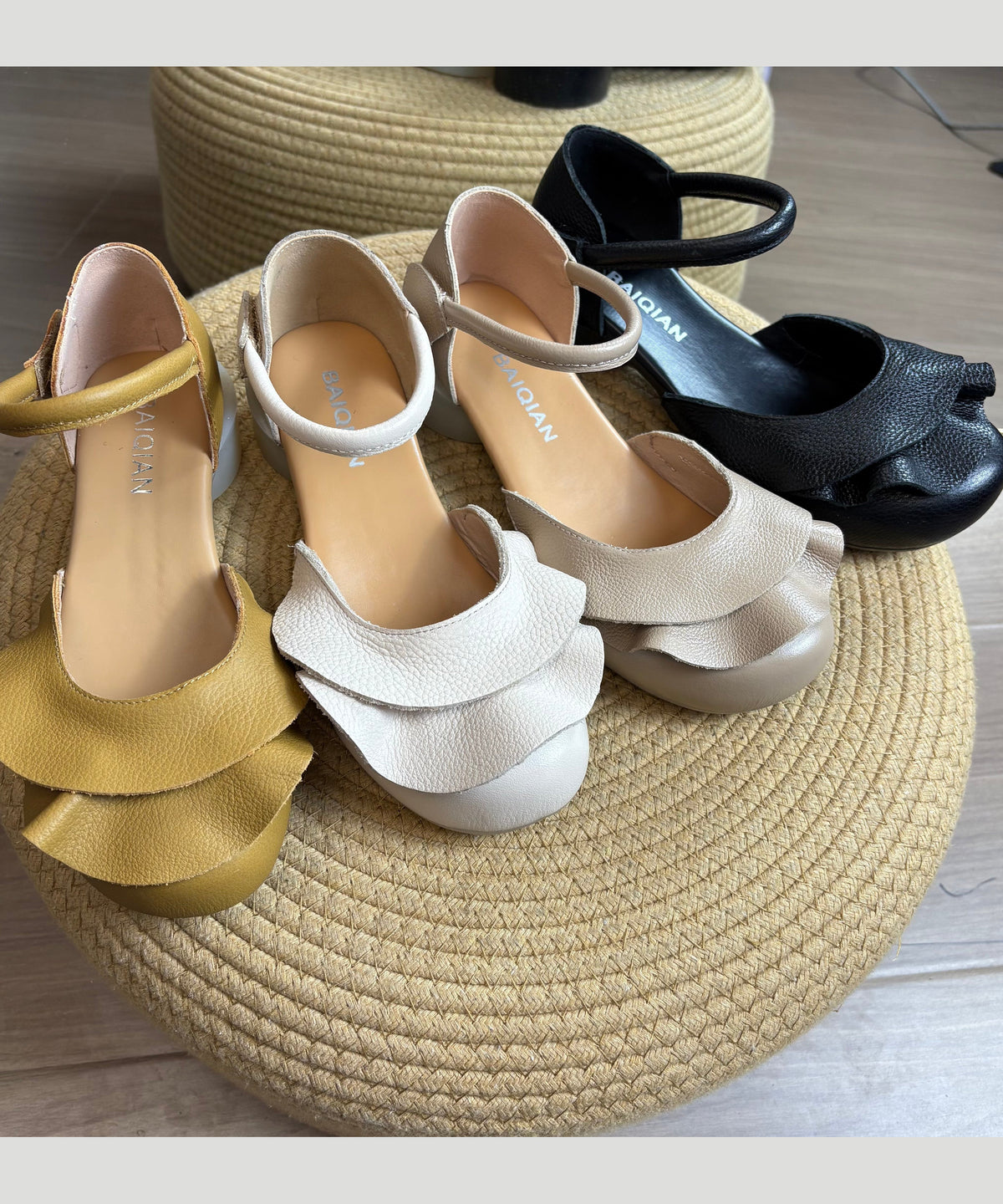 Handmade Buckle Strap Splicing Chunky Sandals Apricot Cowhide Leather