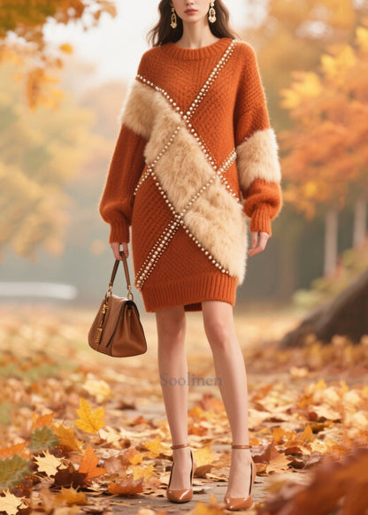 Handmade Caramel Nail Bead Patchwork Faux Fur Knit Dress Winter