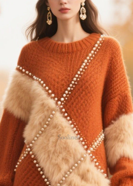 Handmade Caramel Nail Bead Patchwork Faux Fur Knit Dress Winter