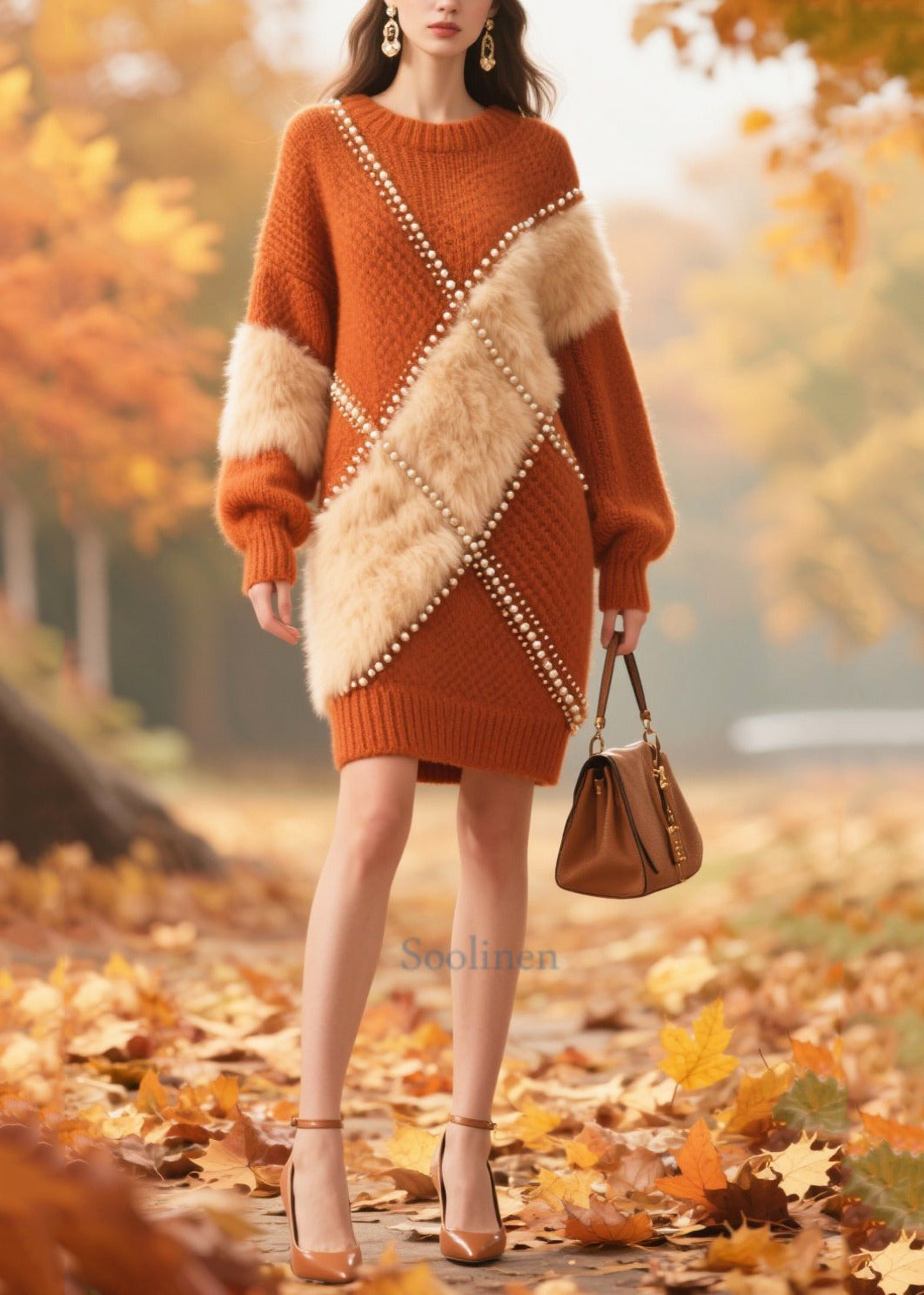 Handmade Caramel Nail Bead Patchwork Faux Fur Knit Dress Winter