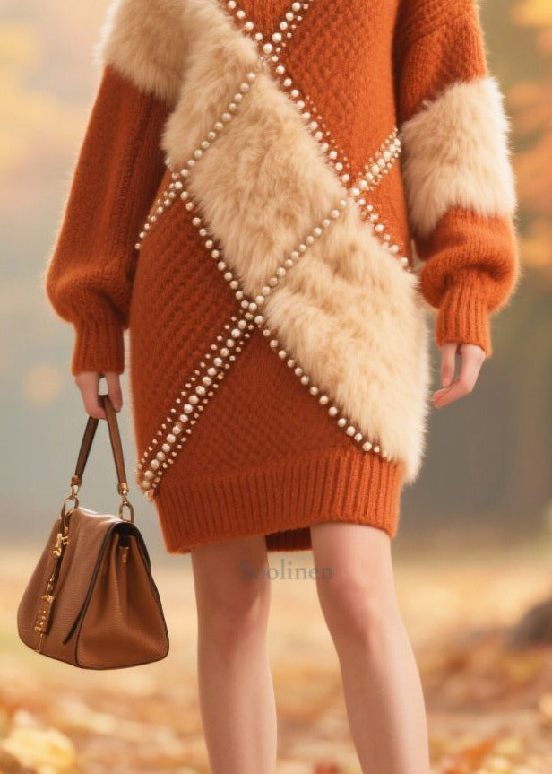 Handmade Caramel Nail Bead Patchwork Faux Fur Knit Dress Winter