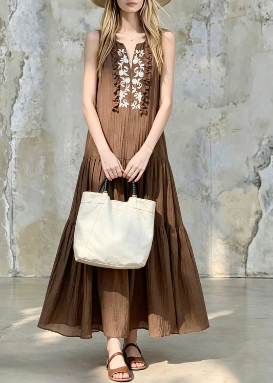 Handmade Caramel Ruffled Print Vacation Long Dresses Sleeveless